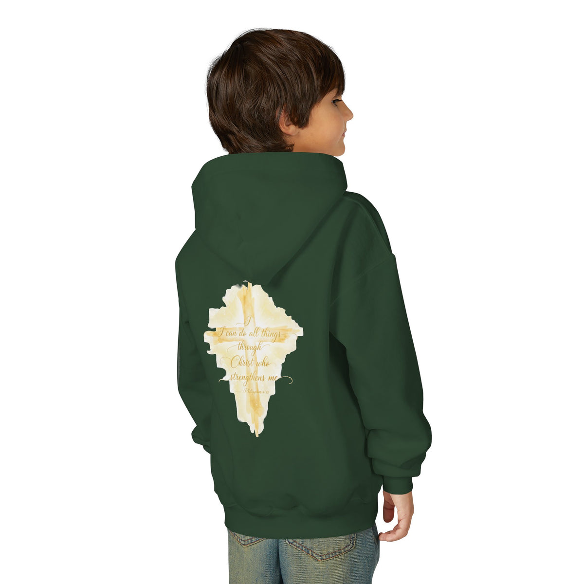 Youth Hoodie — Gold Watercolor Cross "Faith Is Stronger" Christian Sweatshirt - ThatBoutqiueStore