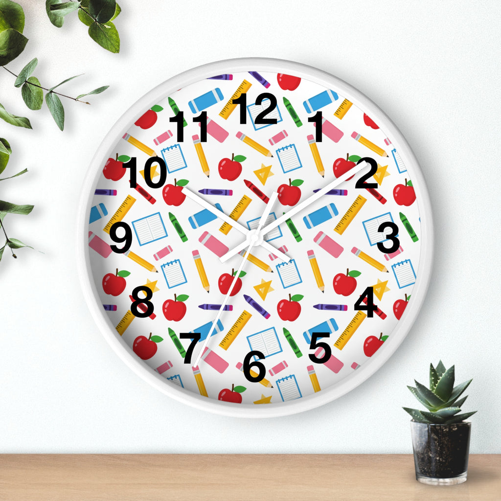 School Supplies Wall Clock — Colorful Teacher Classroom Clock with Apples, Pencils & Notebooks - ThatBoutqiueStore