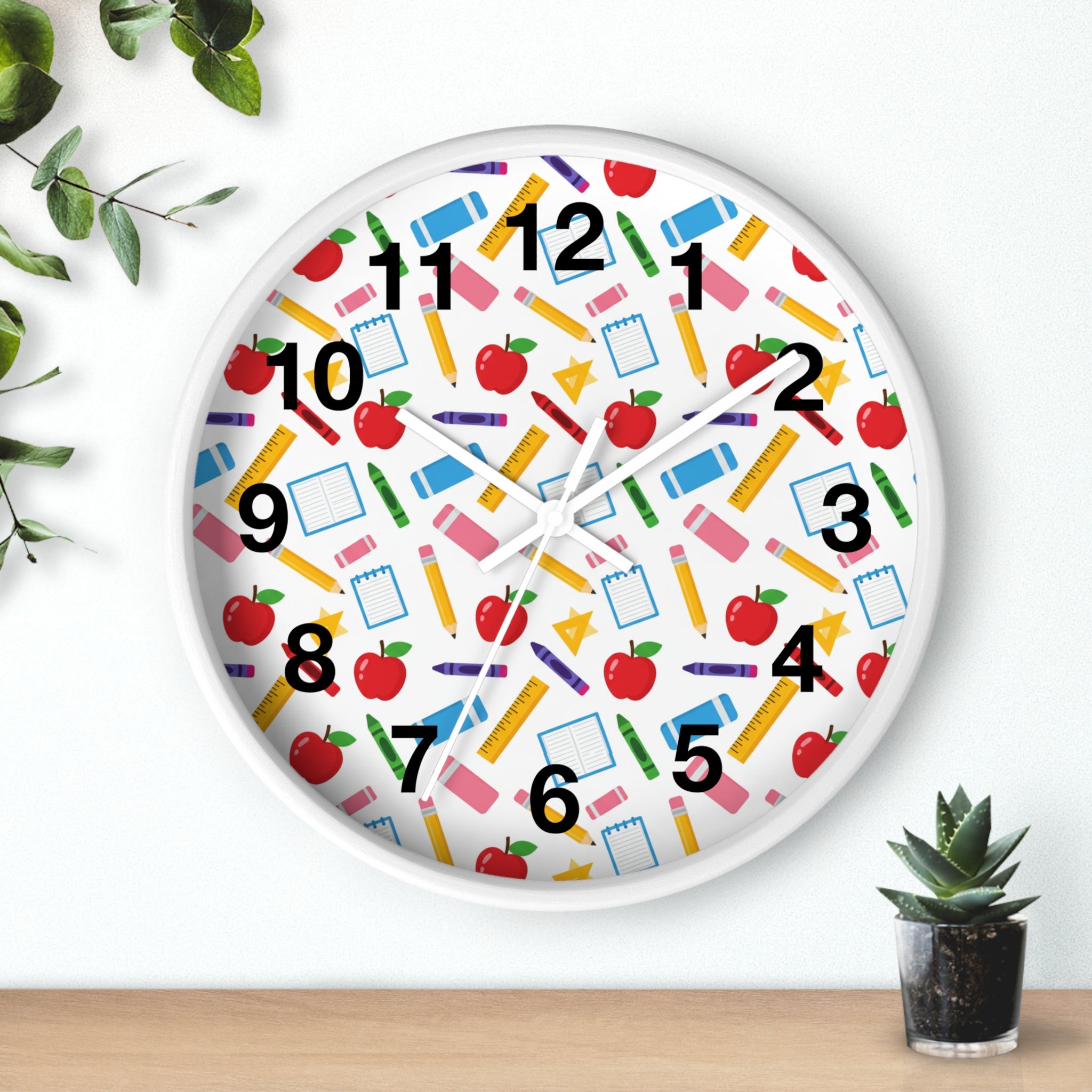 School Supplies Wall Clock — Colorful Teacher Classroom Clock with Apples, Pencils & Notebooks - ThatBoutqiueStore