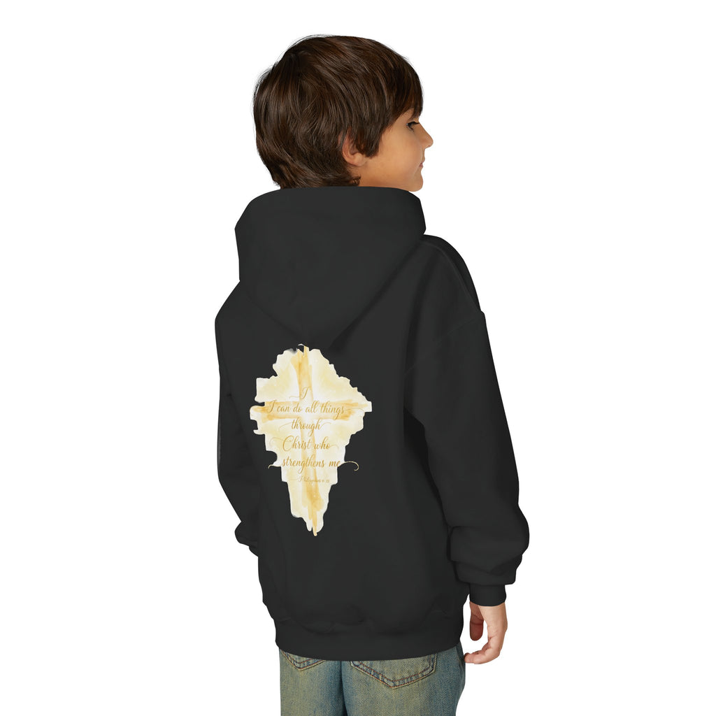 Youth Hoodie — Gold Watercolor Cross "Faith Is Stronger" Christian Sweatshirt - ThatBoutqiueStore