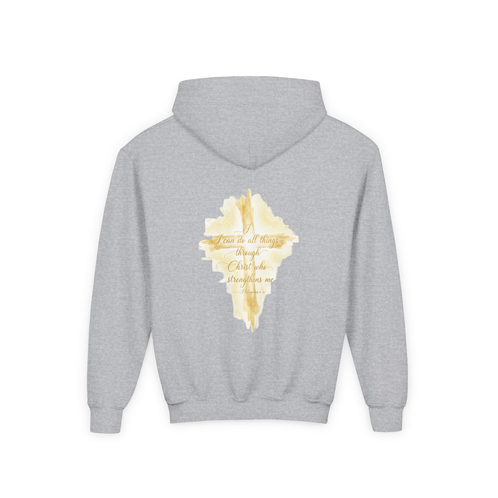 Youth Hoodie — Gold Watercolor Cross "Faith Is Stronger" Christian Sweatshirt - ThatBoutqiueStore