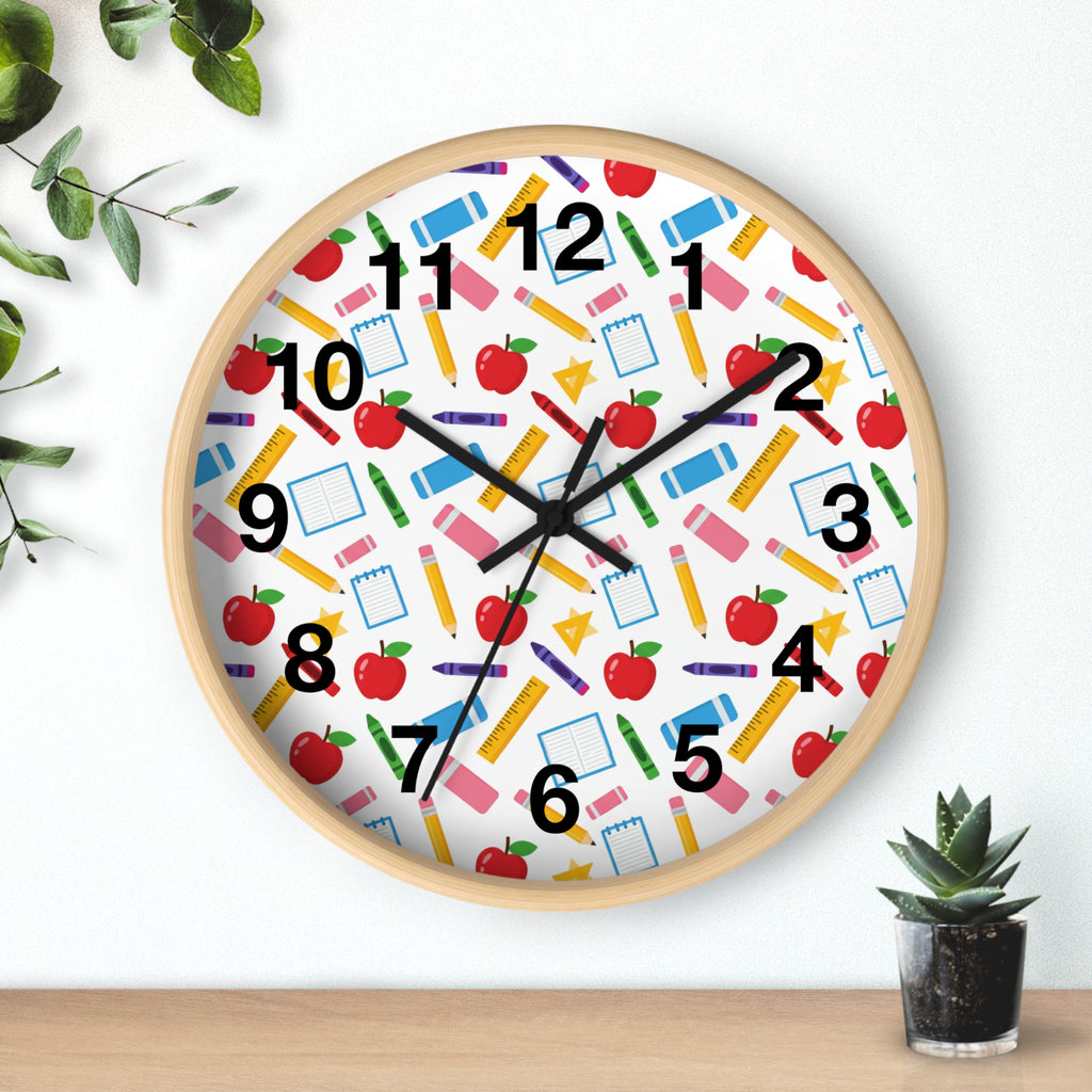 School Supplies Wall Clock — Colorful Teacher Classroom Clock with Apples, Pencils & Notebooks - ThatBoutqiueStore