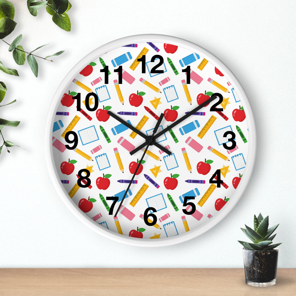 School Supplies Wall Clock — Colorful Teacher Classroom Clock with Apples, Pencils & Notebooks - ThatBoutqiueStore