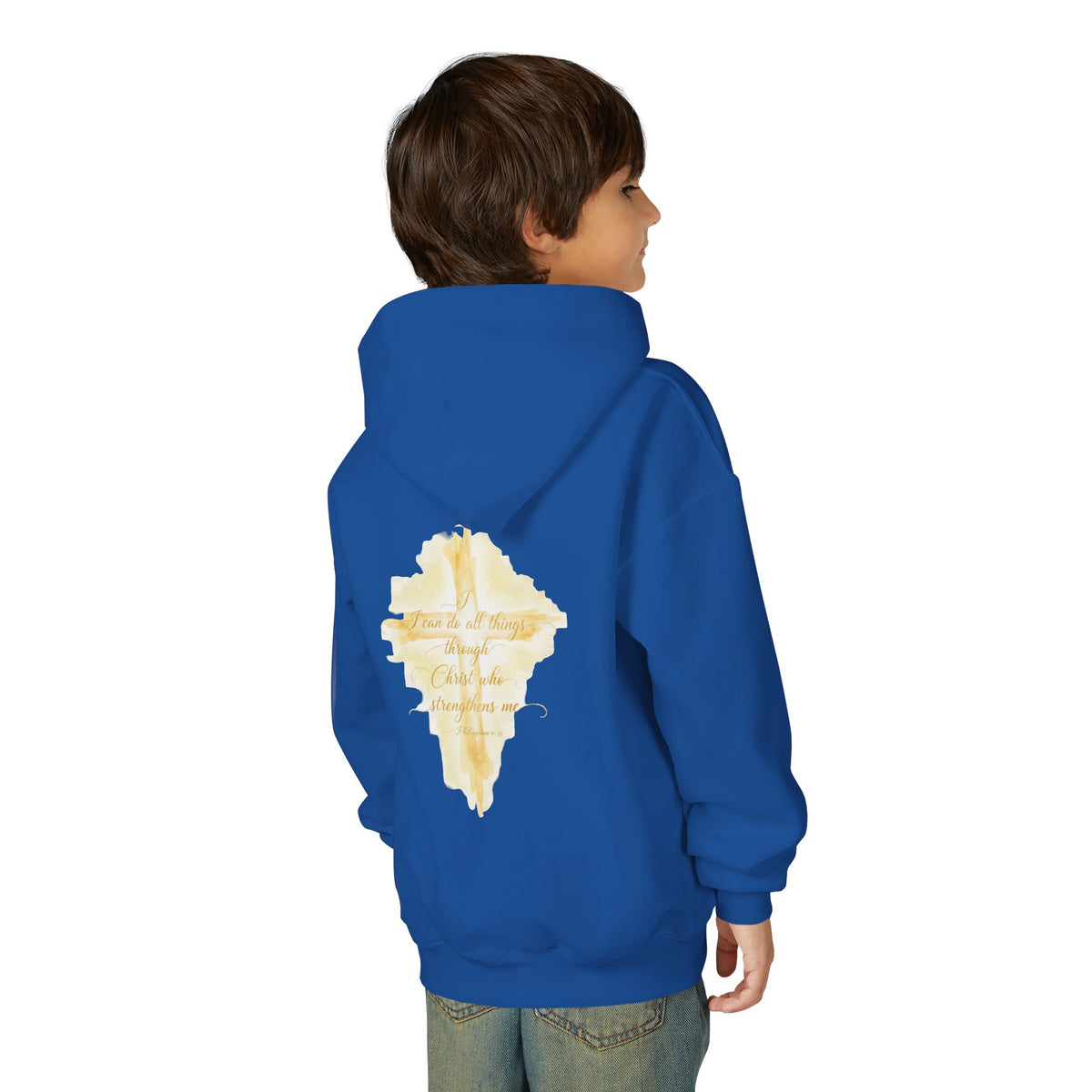 Youth Hoodie — Gold Watercolor Cross "Faith Is Stronger" Christian Sweatshirt - ThatBoutqiueStore