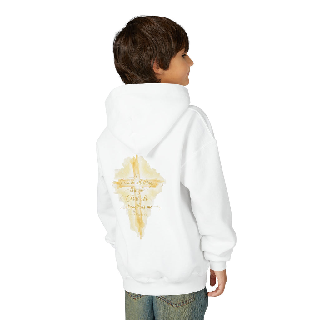 Youth Hoodie — Gold Watercolor Cross "Faith Is Stronger" Christian Sweatshirt - ThatBoutqiueStore