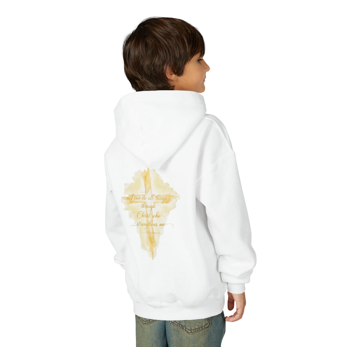 Youth Hoodie — Gold Watercolor Cross "Faith Is Stronger" Christian Sweatshirt - ThatBoutqiueStore