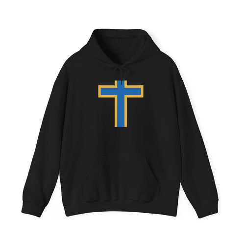 Christian Cross Hoodie — Blue & Gold Minimalist Faith Pullover - ThatBoutqiueStore
