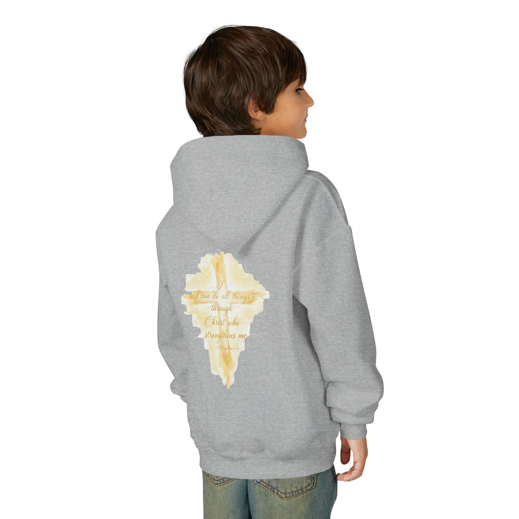 Youth Hoodie — Gold Watercolor Cross "Faith Is Stronger" Christian Sweatshirt - ThatBoutqiueStore