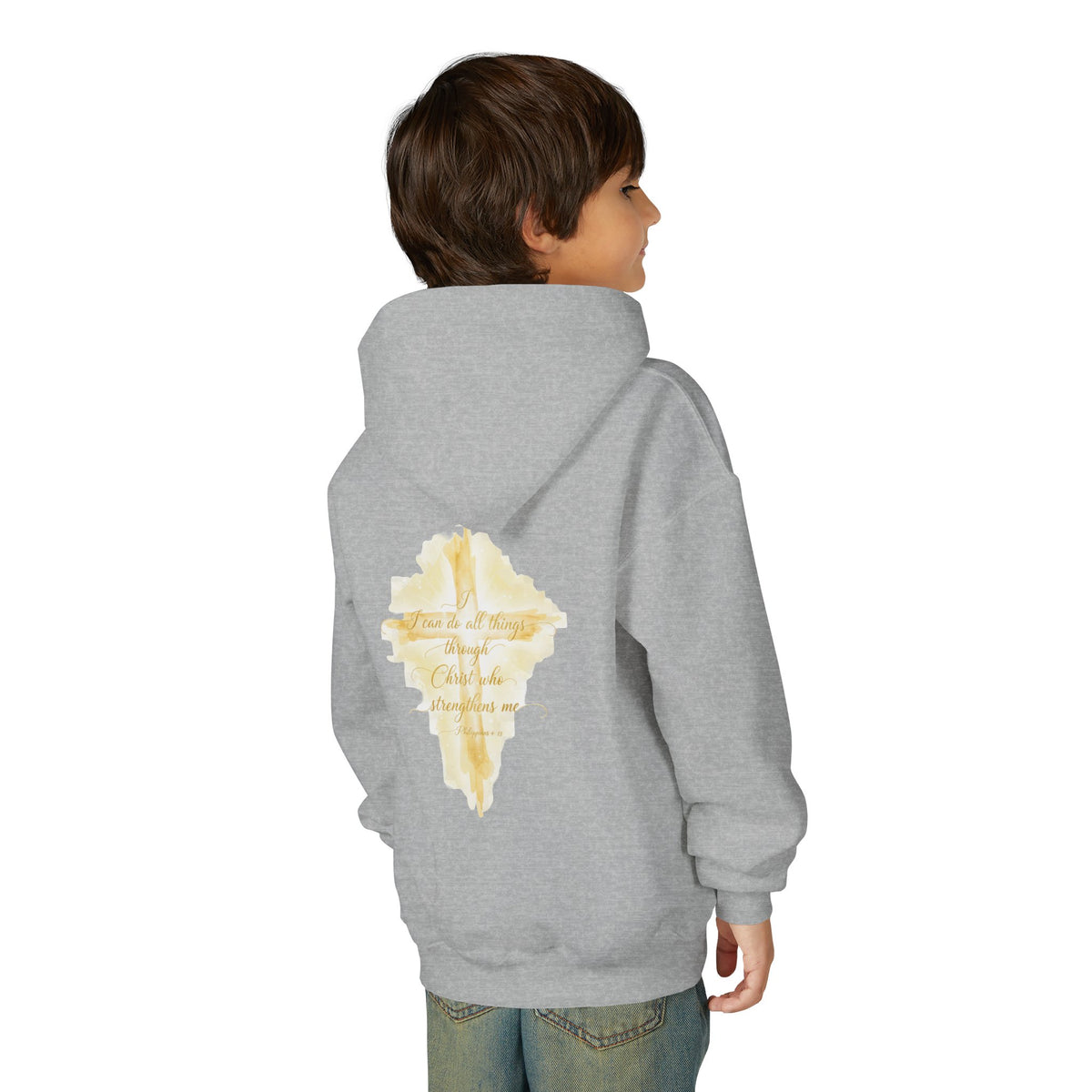 Youth Hoodie — Gold Watercolor Cross "Faith Is Stronger" Christian Sweatshirt - ThatBoutqiueStore