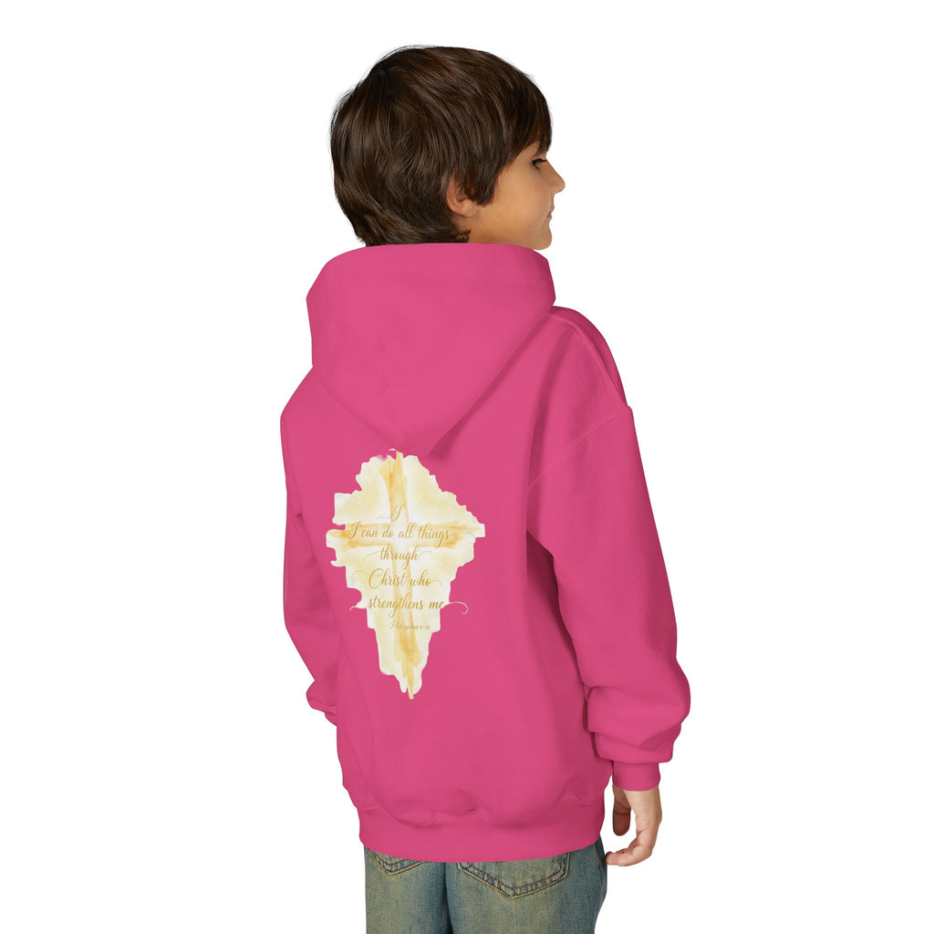 Youth Hoodie — Gold Watercolor Cross "Faith Is Stronger" Christian Sweatshirt - ThatBoutqiueStore