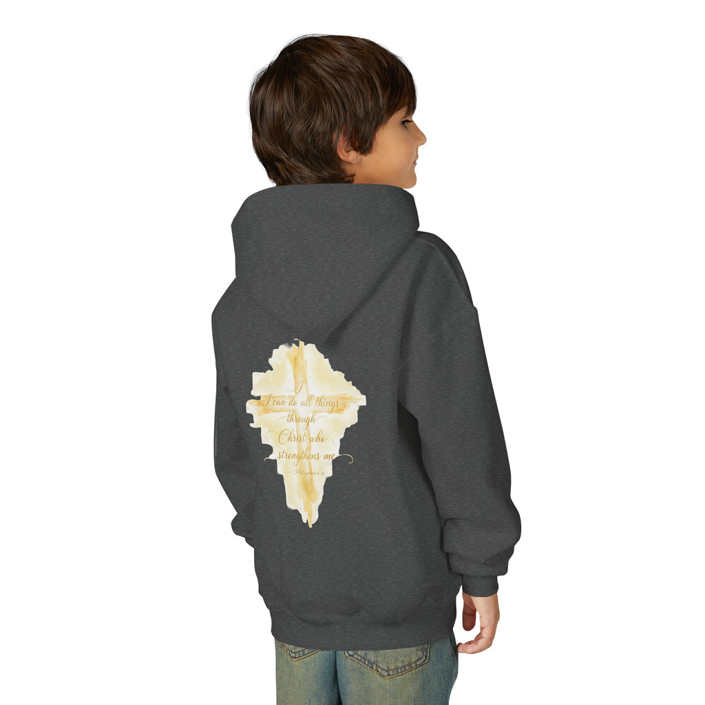 Youth Hoodie — Gold Watercolor Cross "Faith Is Stronger" Christian Sweatshirt - ThatBoutqiueStore