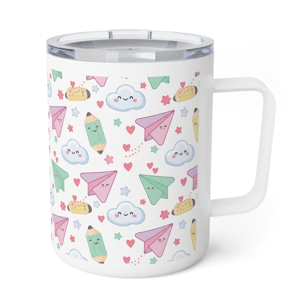 10oz Insulated Coffee Mug — Cute Kawaii Paper Planes, Clouds & Pencils Travel Mug - ThatBoutqiueStore