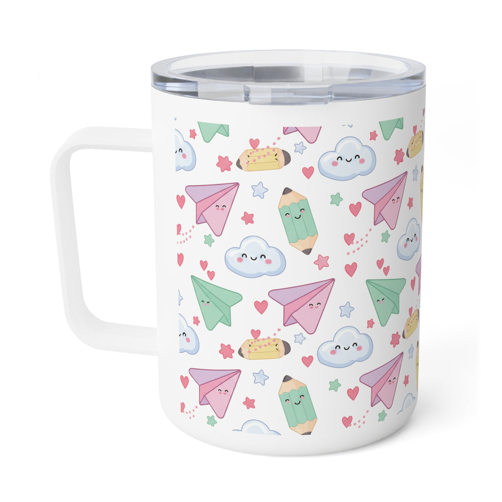 10oz Insulated Coffee Mug — Cute Kawaii Paper Planes, Clouds & Pencils Travel Mug - ThatBoutqiueStore