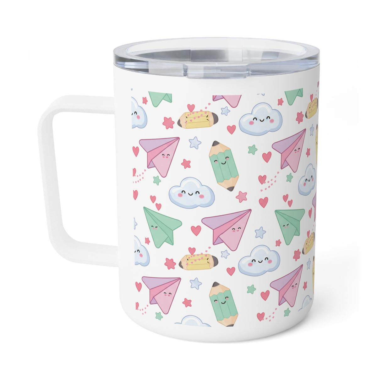 10oz Insulated Coffee Mug — Cute Kawaii Paper Planes, Clouds & Pencils Travel Mug - ThatBoutqiueStore