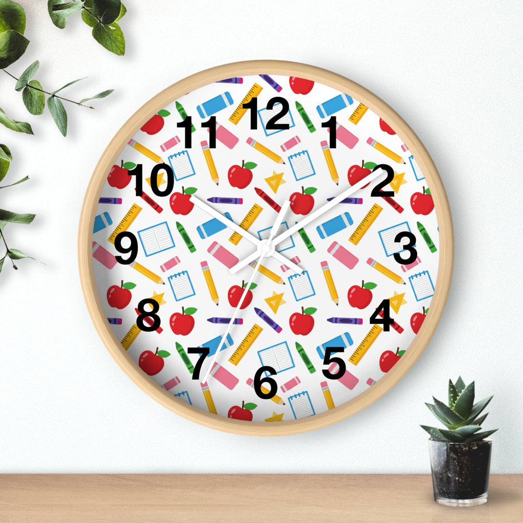 School Supplies Wall Clock — Colorful Teacher Classroom Clock with Apples, Pencils & Notebooks - ThatBoutqiueStore