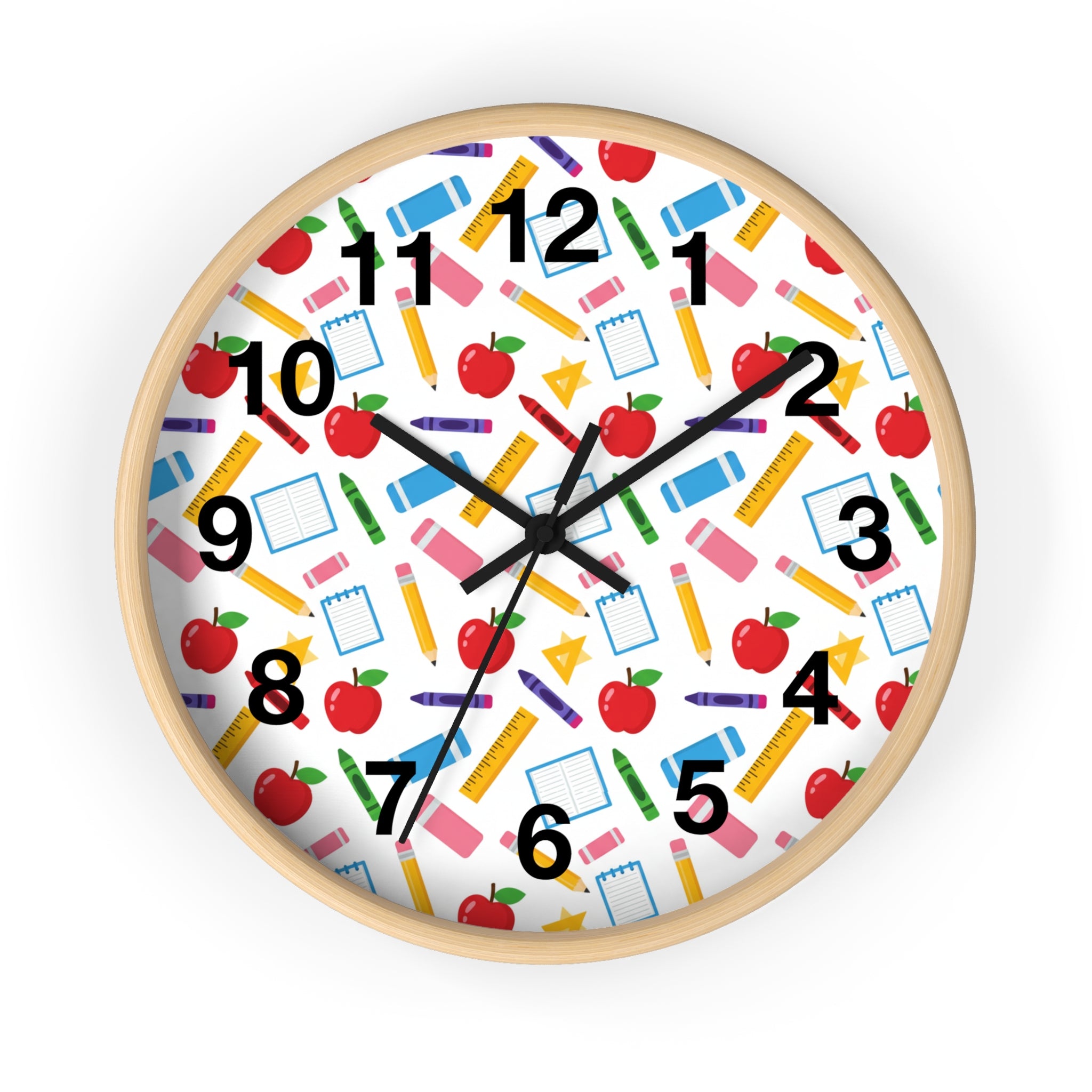 School Supplies Wall Clock — Colorful Teacher Classroom Clock with Apples, Pencils & Notebooks - ThatBoutqiueStore