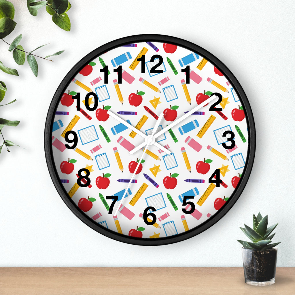School Supplies Wall Clock — Colorful Teacher Classroom Clock with Apples, Pencils & Notebooks - ThatBoutqiueStore