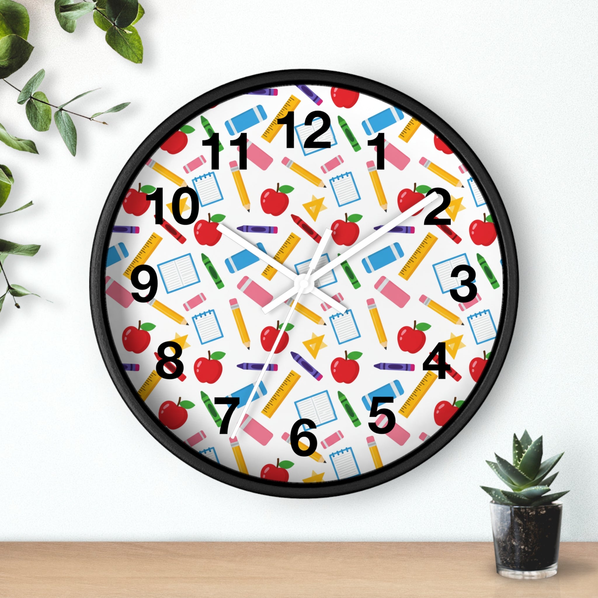 School Supplies Wall Clock — Colorful Teacher Classroom Clock with Apples, Pencils & Notebooks - ThatBoutqiueStore