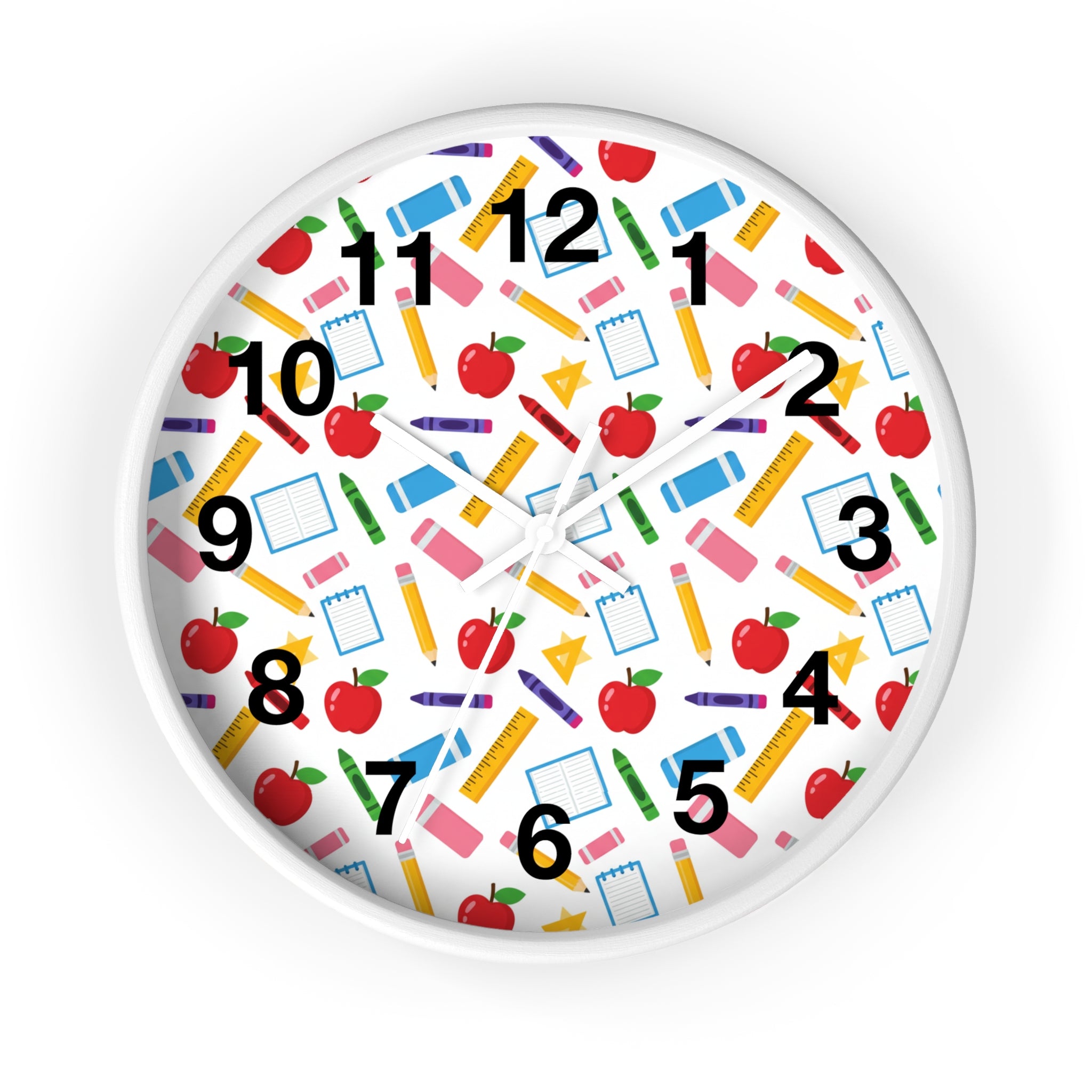 School Supplies Wall Clock — Colorful Teacher Classroom Clock with Apples, Pencils & Notebooks - ThatBoutqiueStore