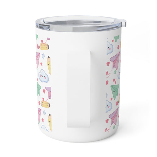 10oz Insulated Coffee Mug — Cute Kawaii Paper Planes, Clouds & Pencils Travel Mug - ThatBoutqiueStore