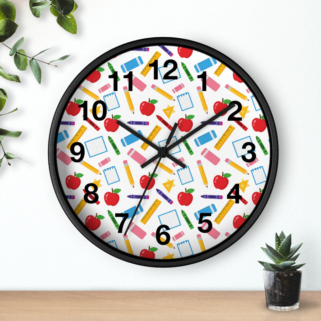 School Supplies Wall Clock — Colorful Teacher Classroom Clock with Apples, Pencils & Notebooks - ThatBoutqiueStore