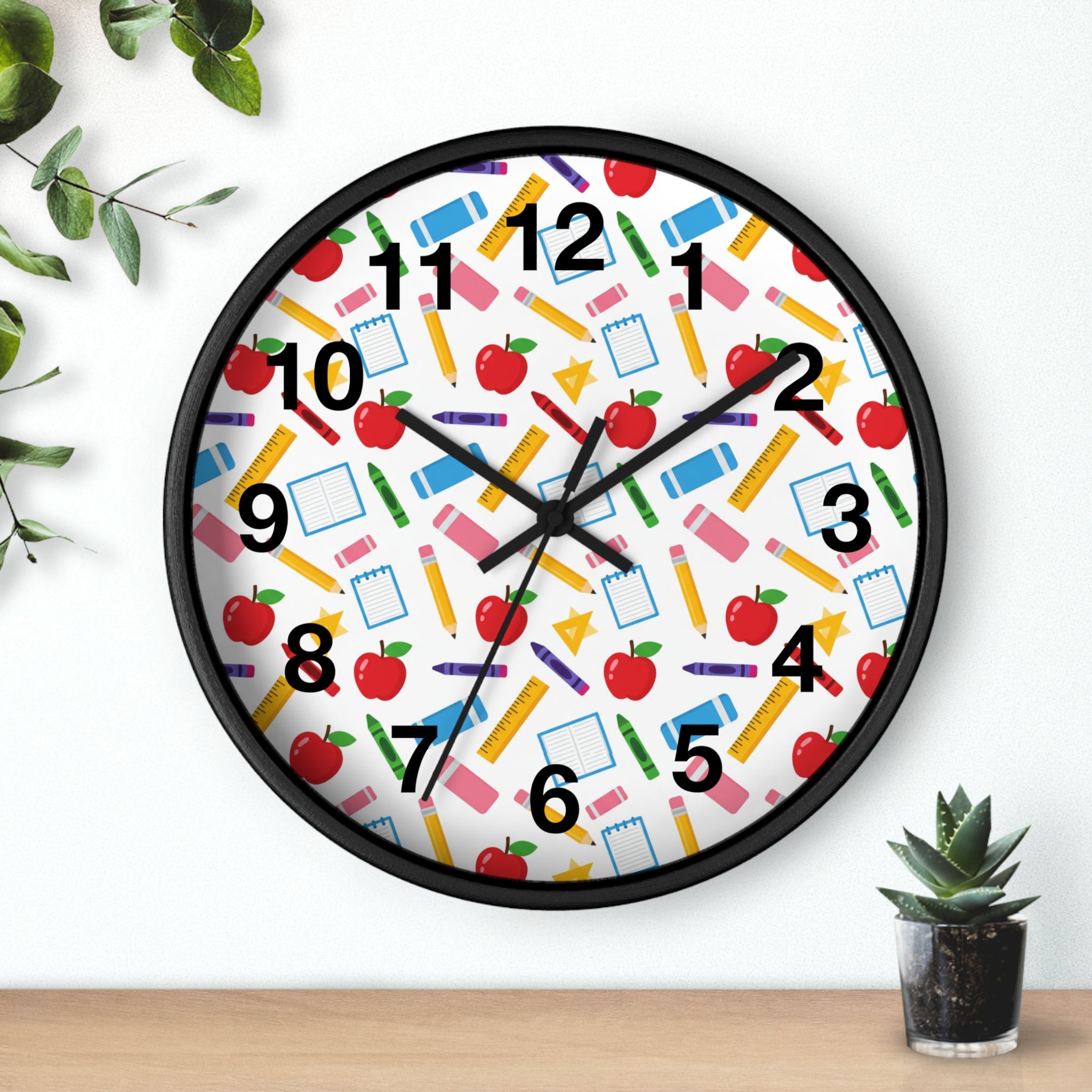 School Supplies Wall Clock — Colorful Teacher Classroom Clock with Apples, Pencils & Notebooks - ThatBoutqiueStore