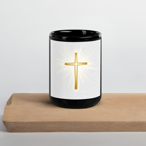 Black Glossy Mug with Glowing Golden Cross - ThatBoutqiueStore