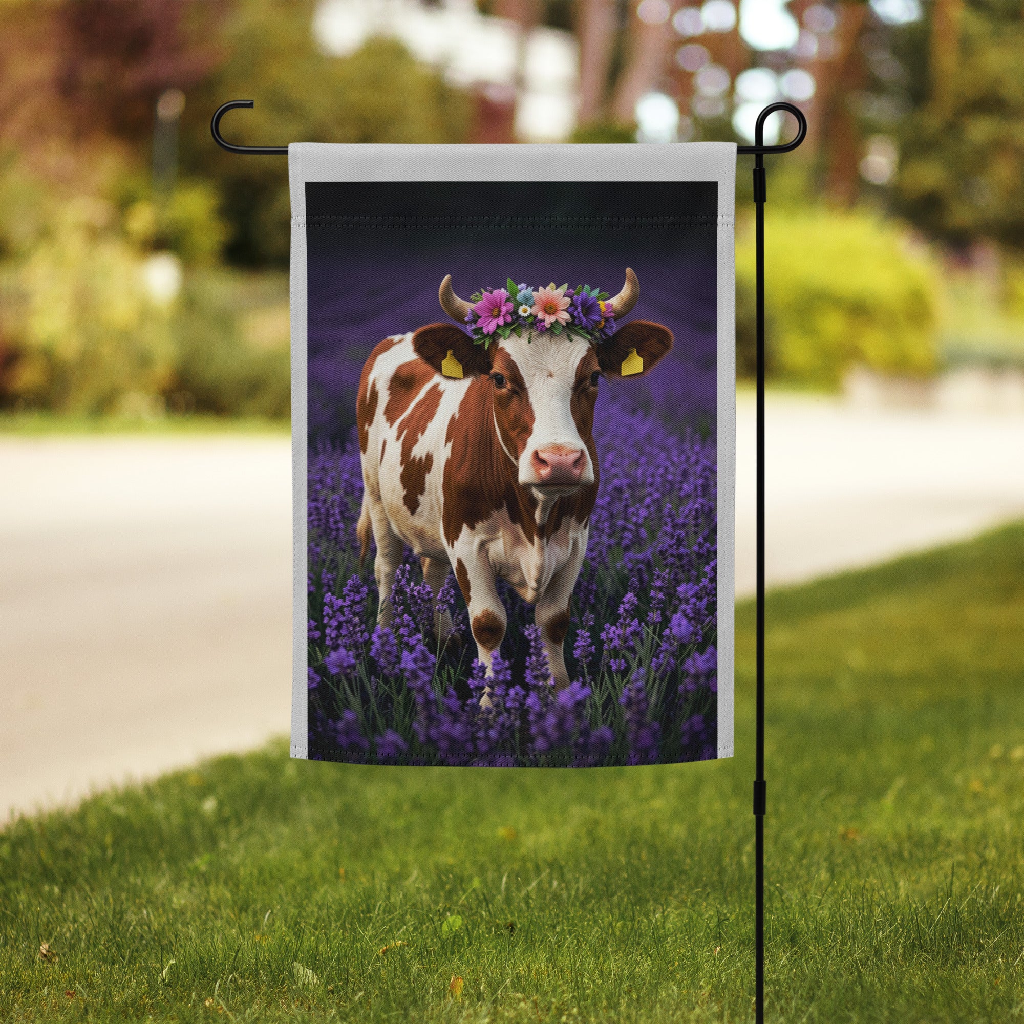 Cute Heifer In Lavender Field with Floral Halo Garden flag - ThatBoutqiueStore