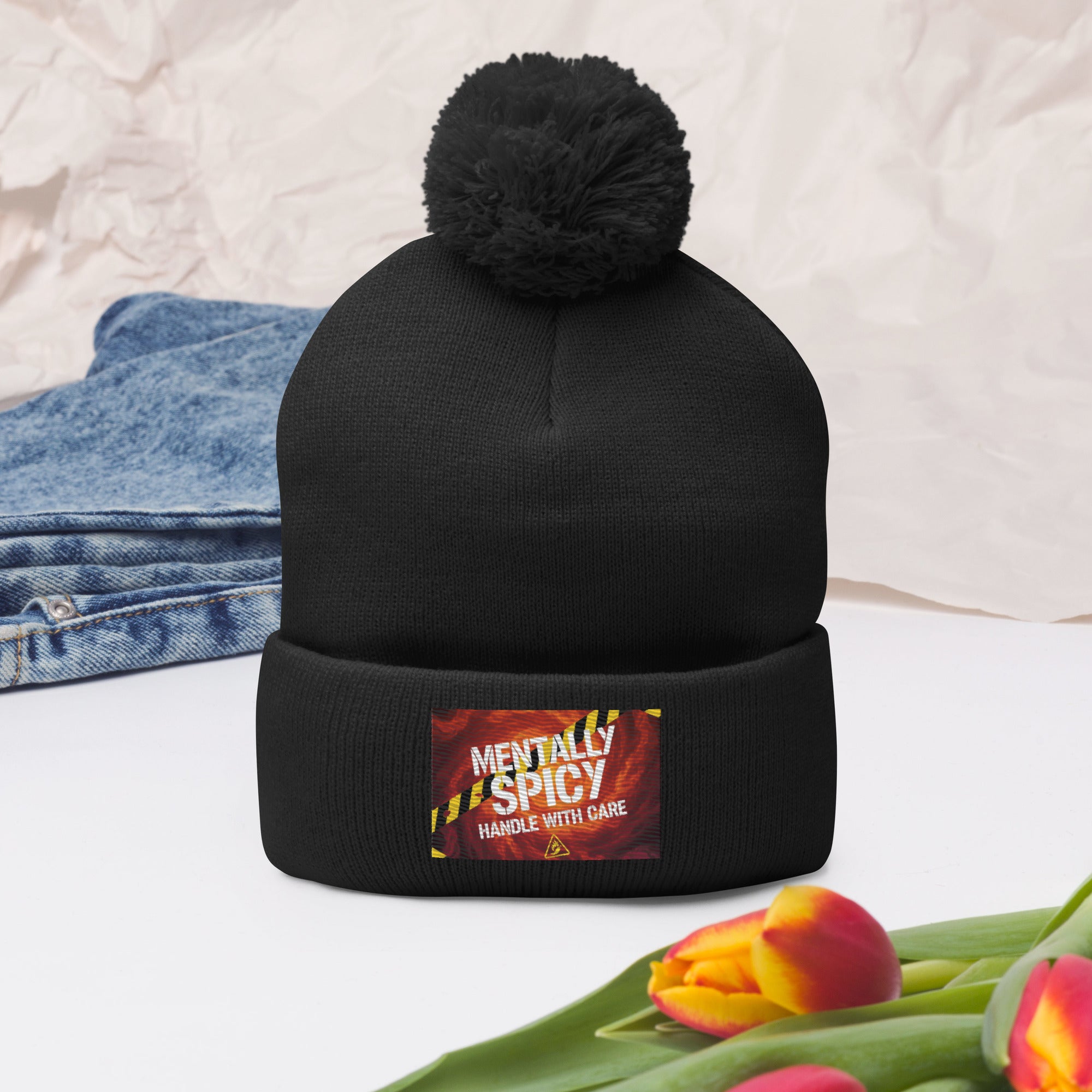 Mentally Spicy Handle with Care Pom-Pom Beanie - ThatBoutqiueStore