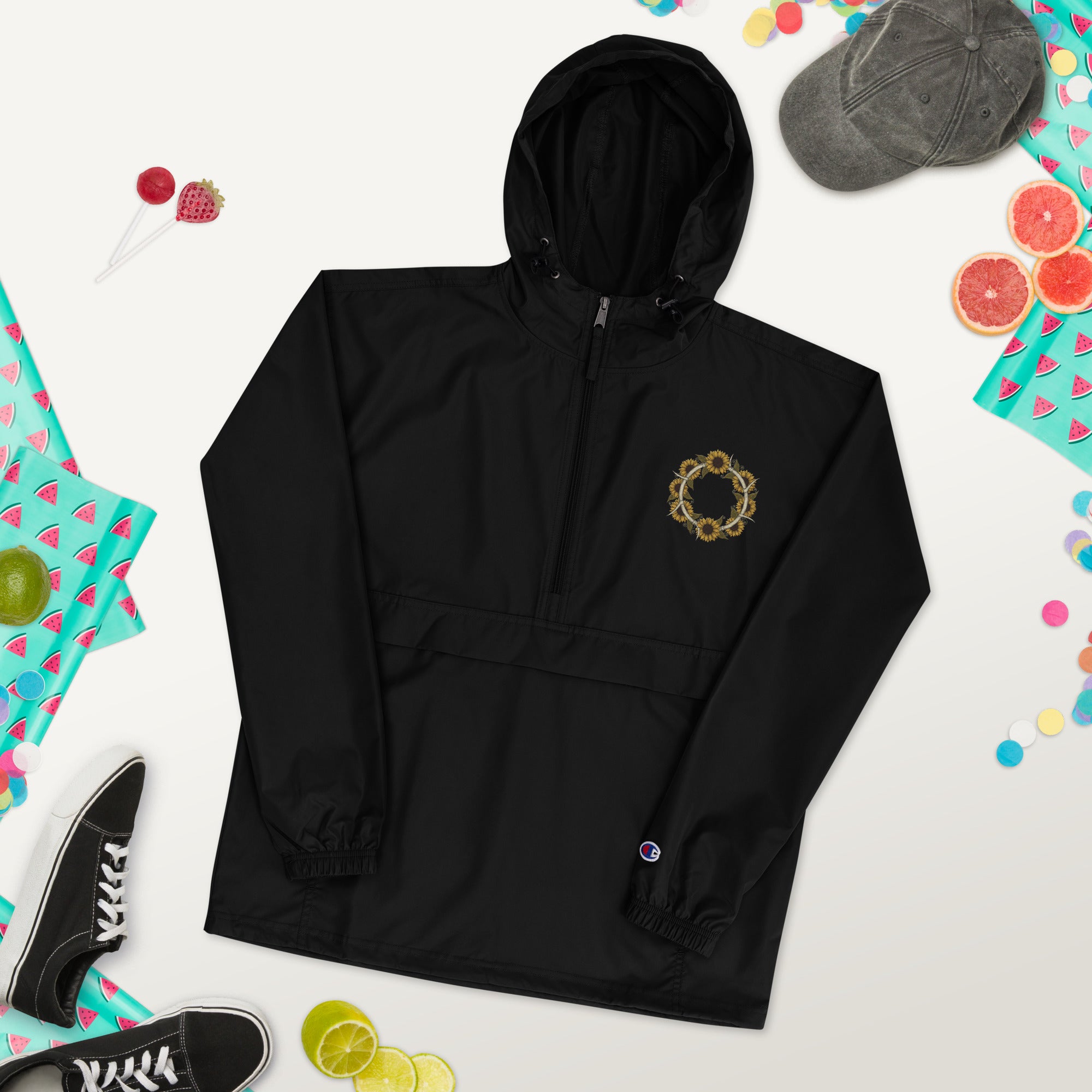 Horned Sunflower Wreath Embroidered Champion Packable Jacket - ThatBoutqiueStore
