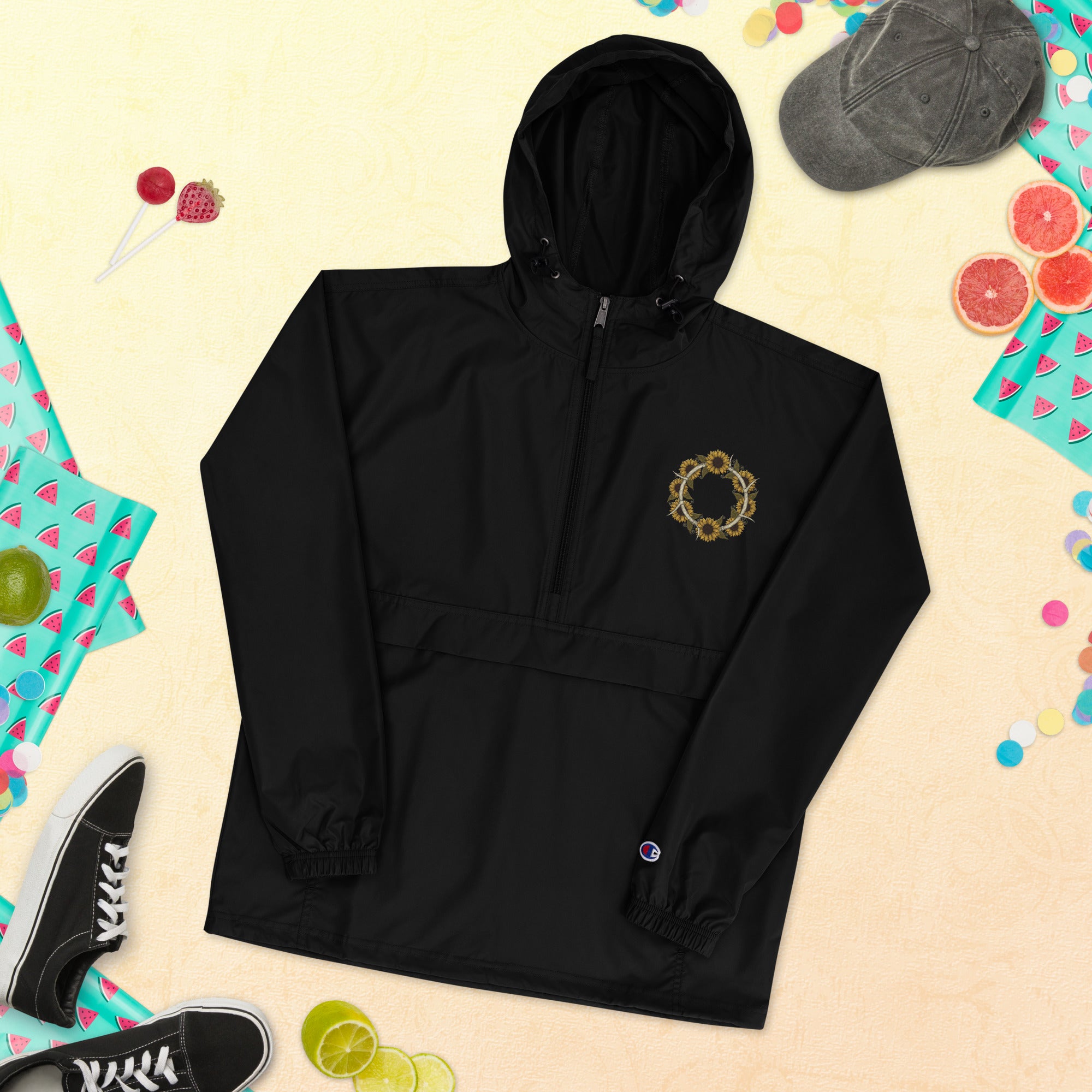 Horned Sunflower Wreath Embroidered Champion Packable Jacket - ThatBoutqiueStore