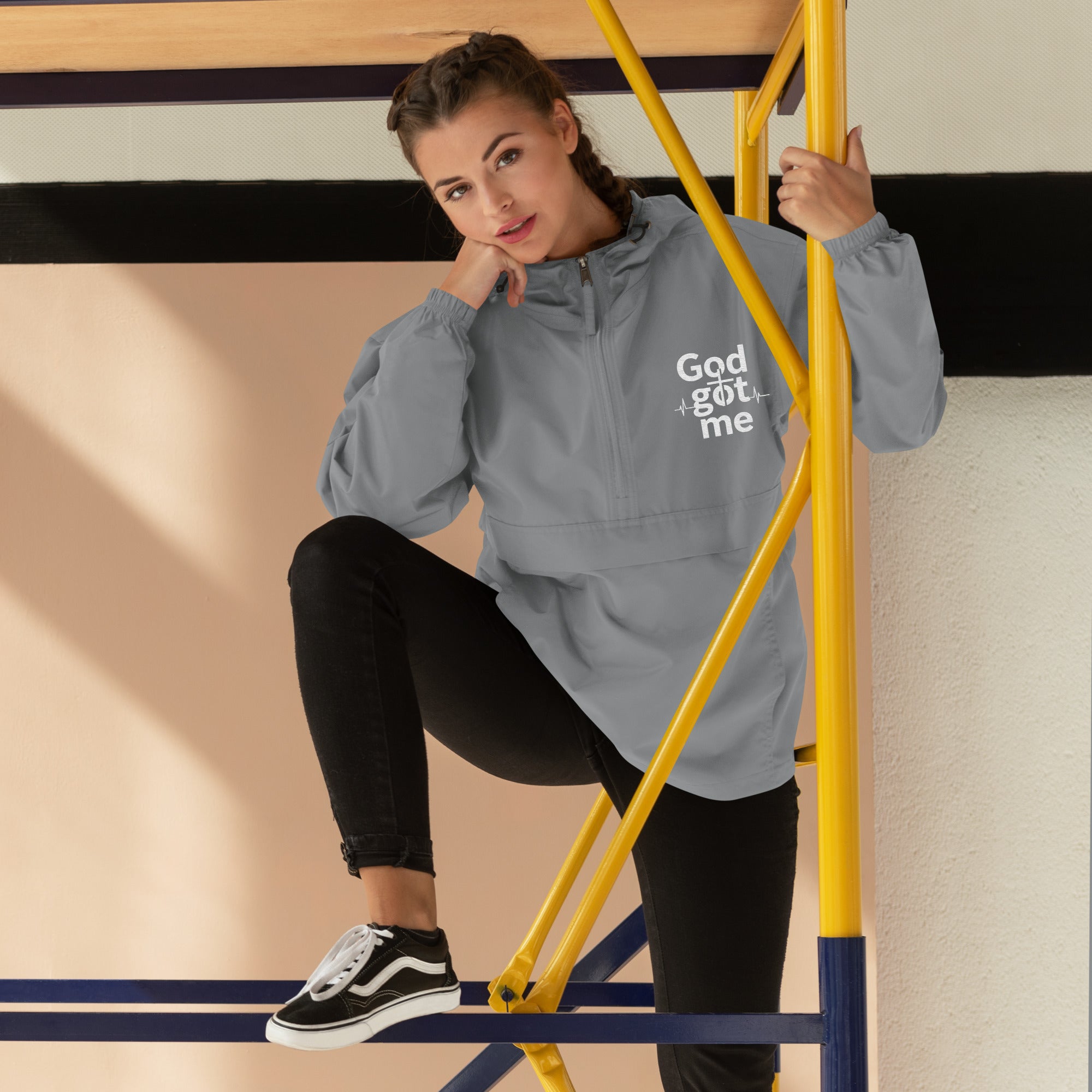 God Got Me Embroidered Champion Packable Jacket - ThatBoutqiueStore