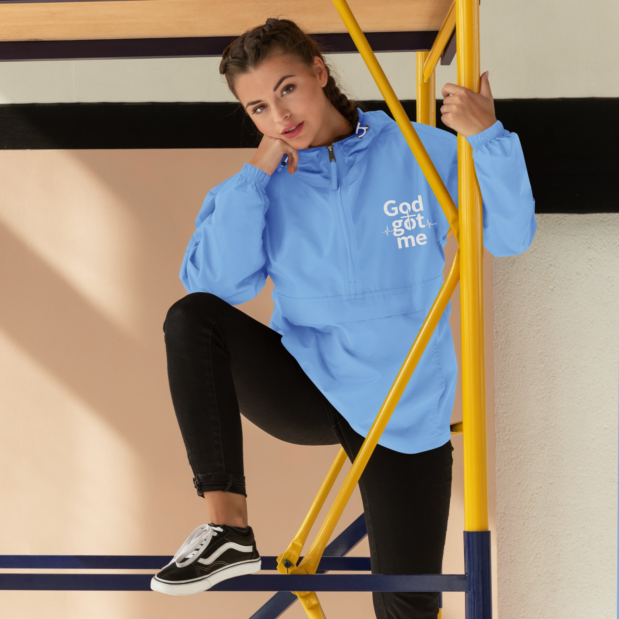 God Got Me Embroidered Champion Packable Jacket - ThatBoutqiueStore