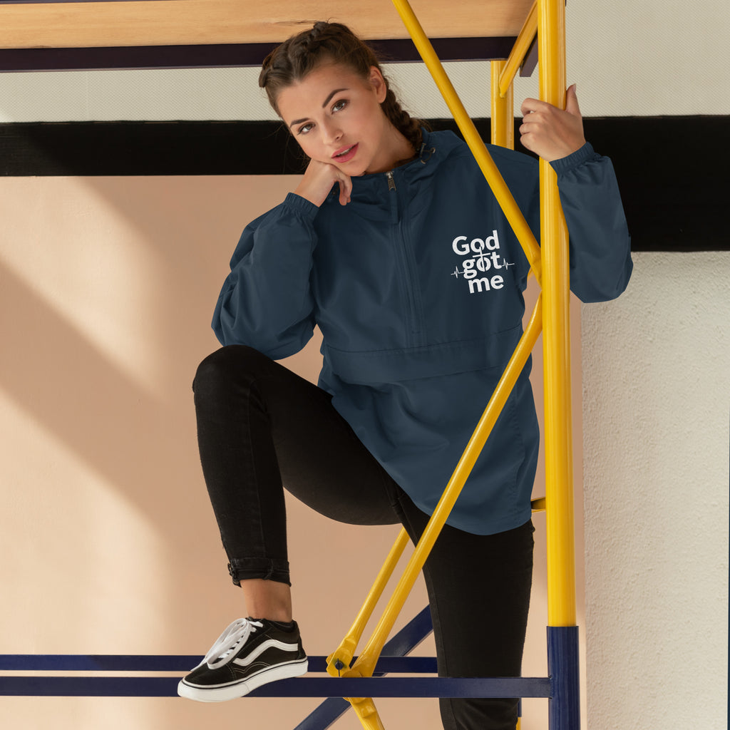 God Got Me Embroidered Champion Packable Jacket - ThatBoutqiueStore