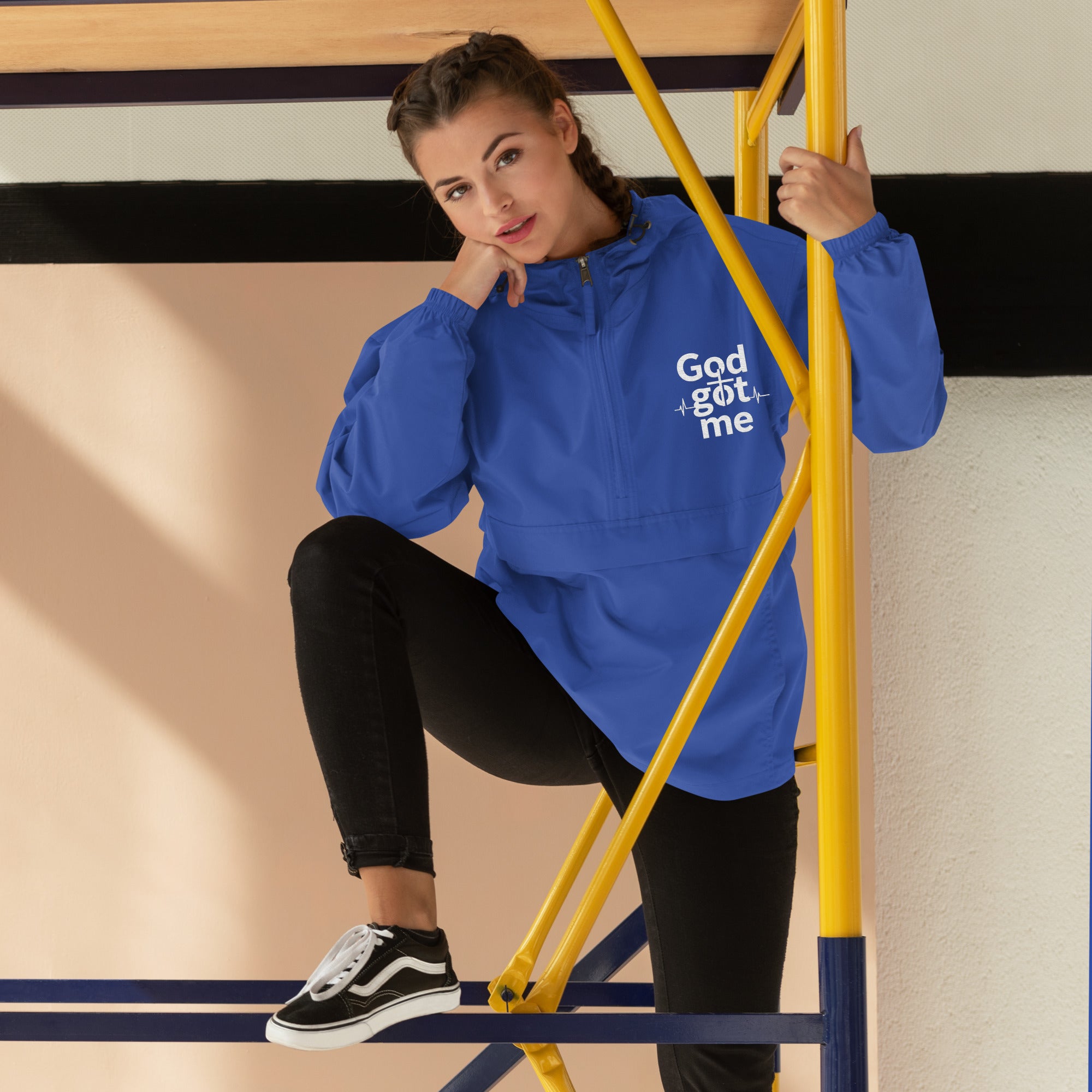 God Got Me Embroidered Champion Packable Jacket - ThatBoutqiueStore