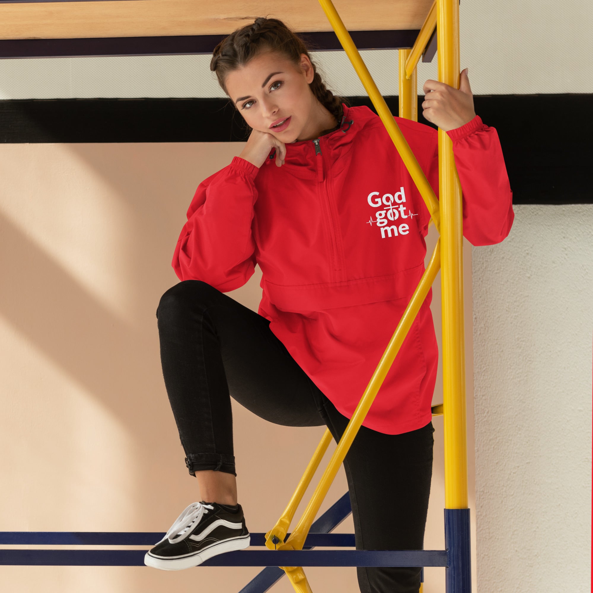 God Got Me Embroidered Champion Packable Jacket - ThatBoutqiueStore