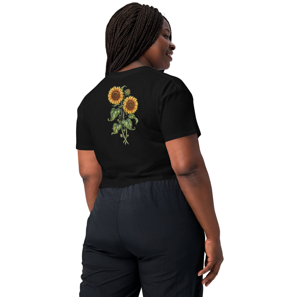 Lady G's with colorful rolling smoke and Twin Sunflowers on bk Women’s crop top - ThatBoutqiueStore