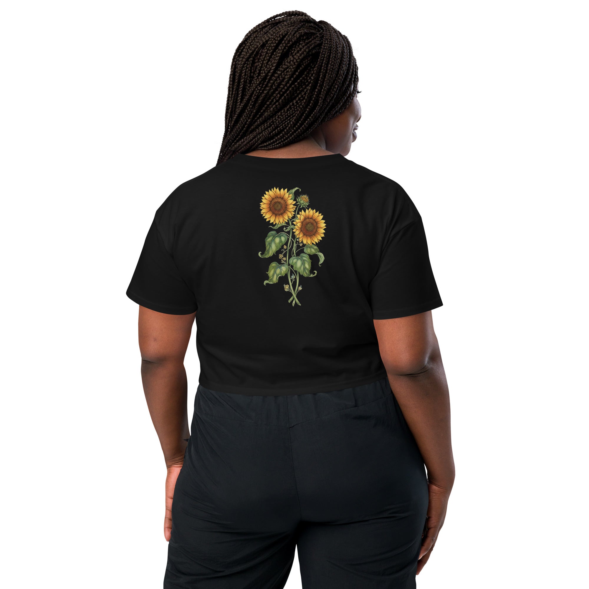 Lady G's with colorful rolling smoke and Twin Sunflowers on bk Women’s crop top - ThatBoutqiueStore
