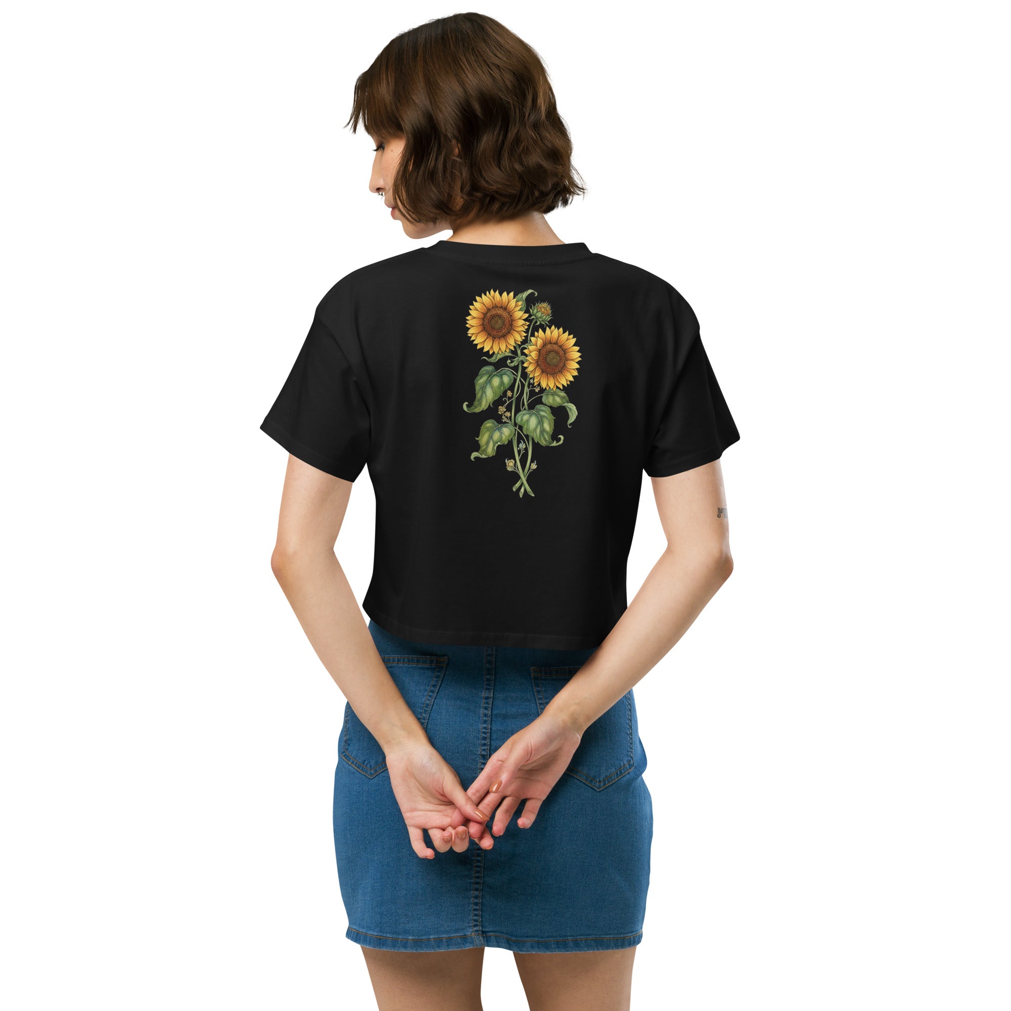 Lady G's with colorful rolling smoke and Twin Sunflowers on bk Women’s crop top - ThatBoutqiueStore