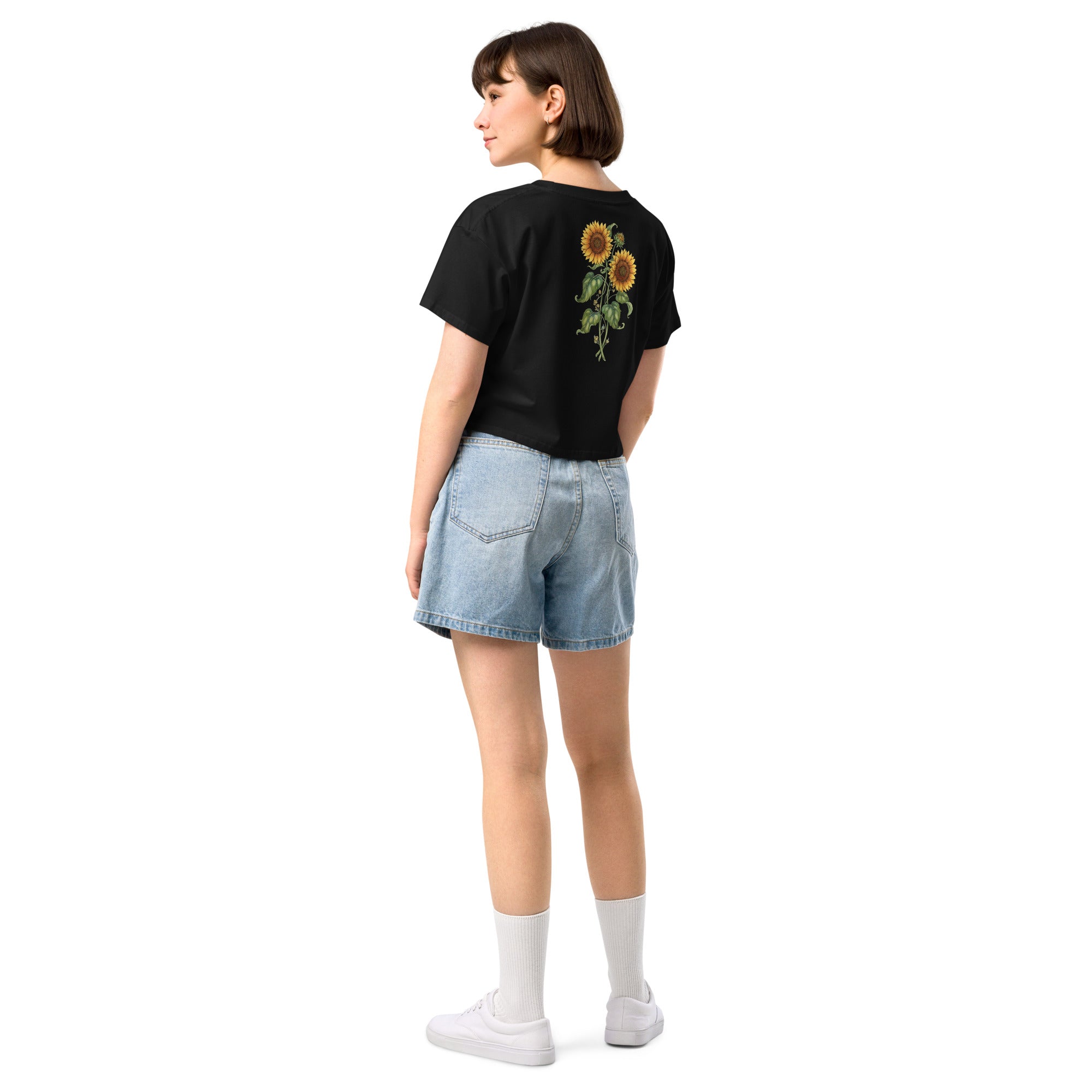 Lady G's with colorful rolling smoke and Twin Sunflowers on bk Women’s crop top - ThatBoutqiueStore