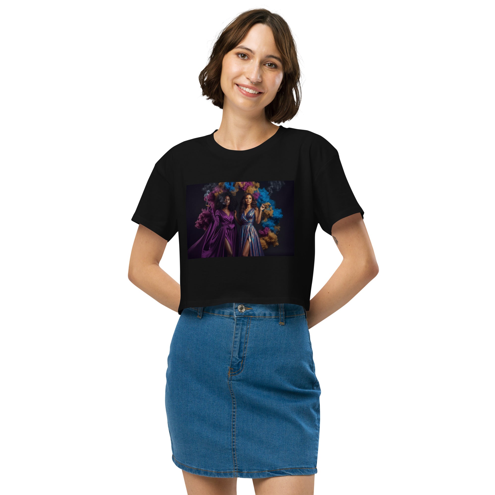 Lady G's with colorful rolling smoke and Twin Sunflowers on bk Women’s crop top - ThatBoutqiueStore