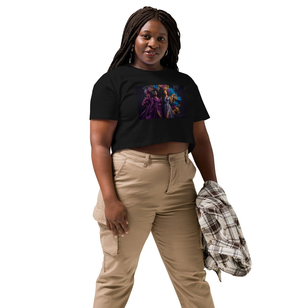 Lady G's with colorful rolling smoke and Twin Sunflowers on bk Women’s crop top - ThatBoutqiueStore