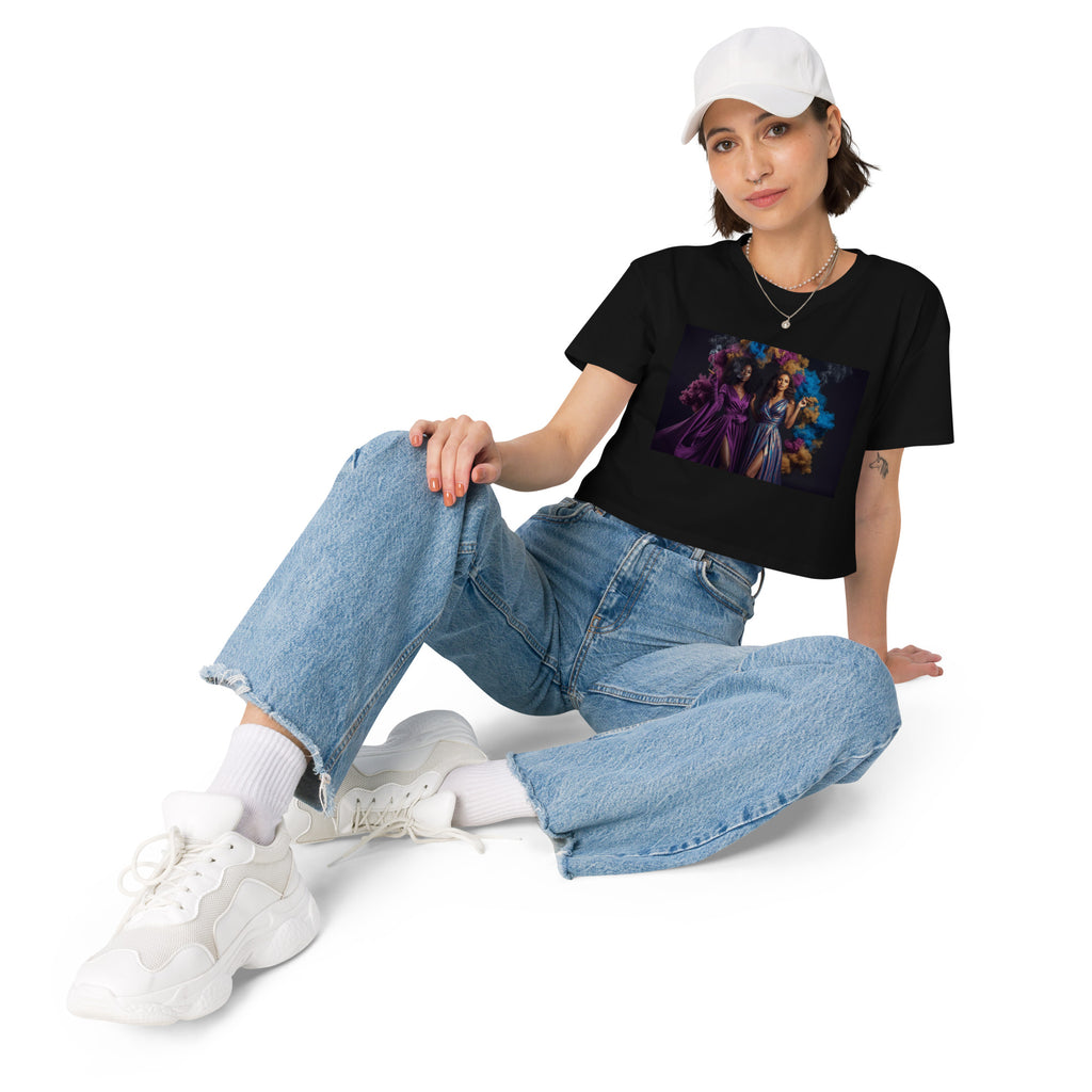 Lady G's with colorful rolling smoke and Twin Sunflowers on bk Women’s crop top - ThatBoutqiueStore