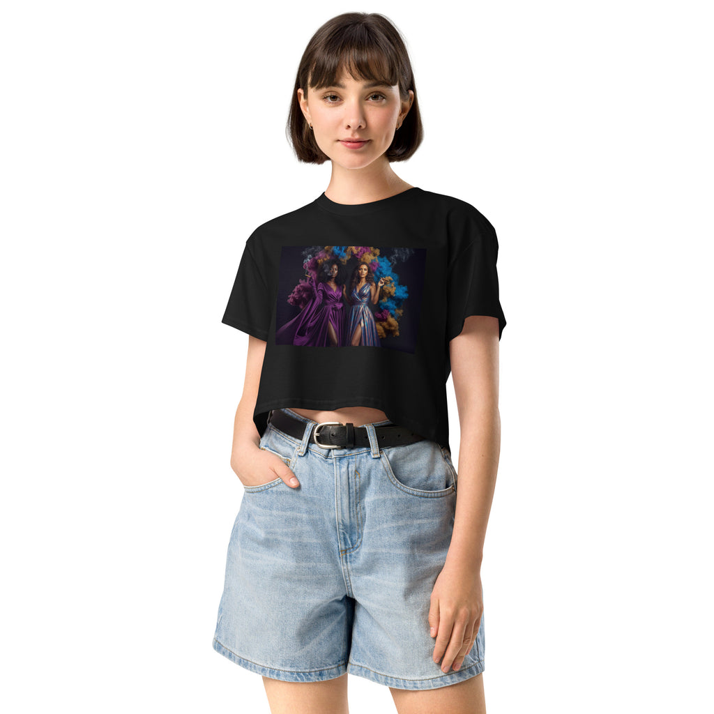 Lady G's with colorful rolling smoke and Twin Sunflowers on bk Women’s crop top - ThatBoutqiueStore