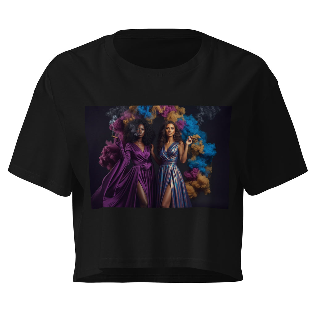 Lady G's with colorful rolling smoke and Twin Sunflowers on bk Women’s crop top - ThatBoutqiueStore