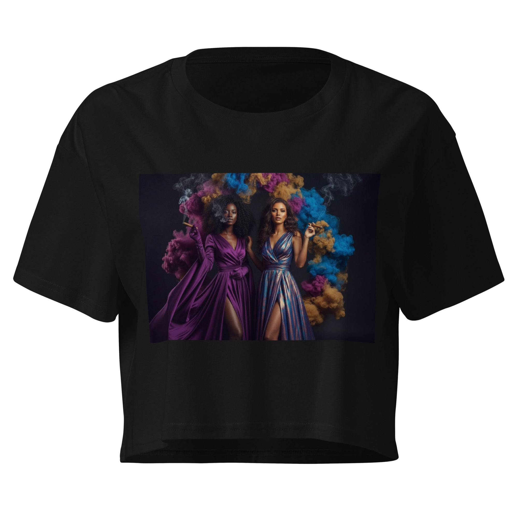 Lady G's with colorful rolling smoke and Twin Sunflowers on bk Women’s crop top - ThatBoutqiueStore