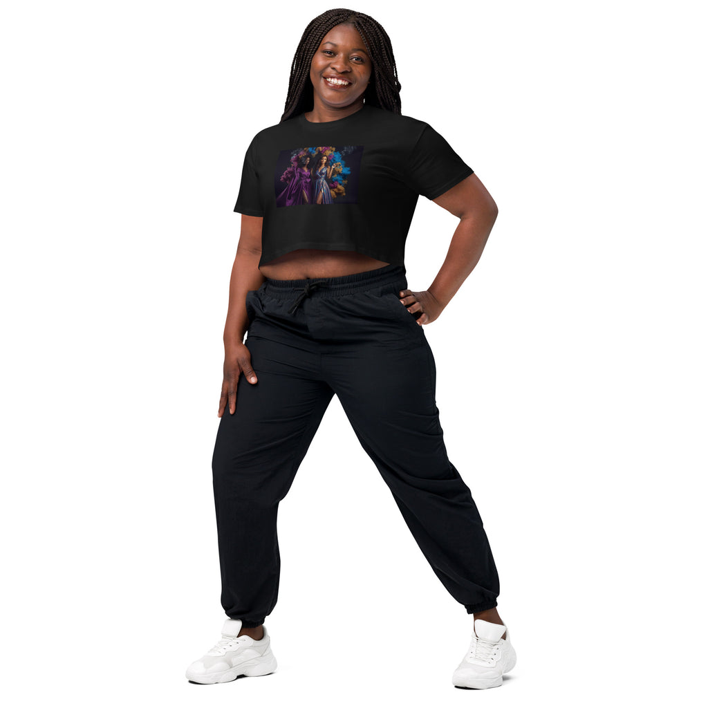Lady G's with colorful rolling smoke and Twin Sunflowers on bk Women’s crop top - ThatBoutqiueStore