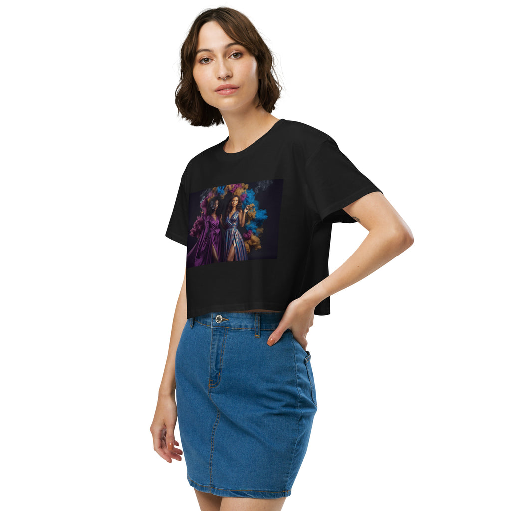 Lady G's with colorful rolling smoke and Twin Sunflowers on bk Women’s crop top - ThatBoutqiueStore