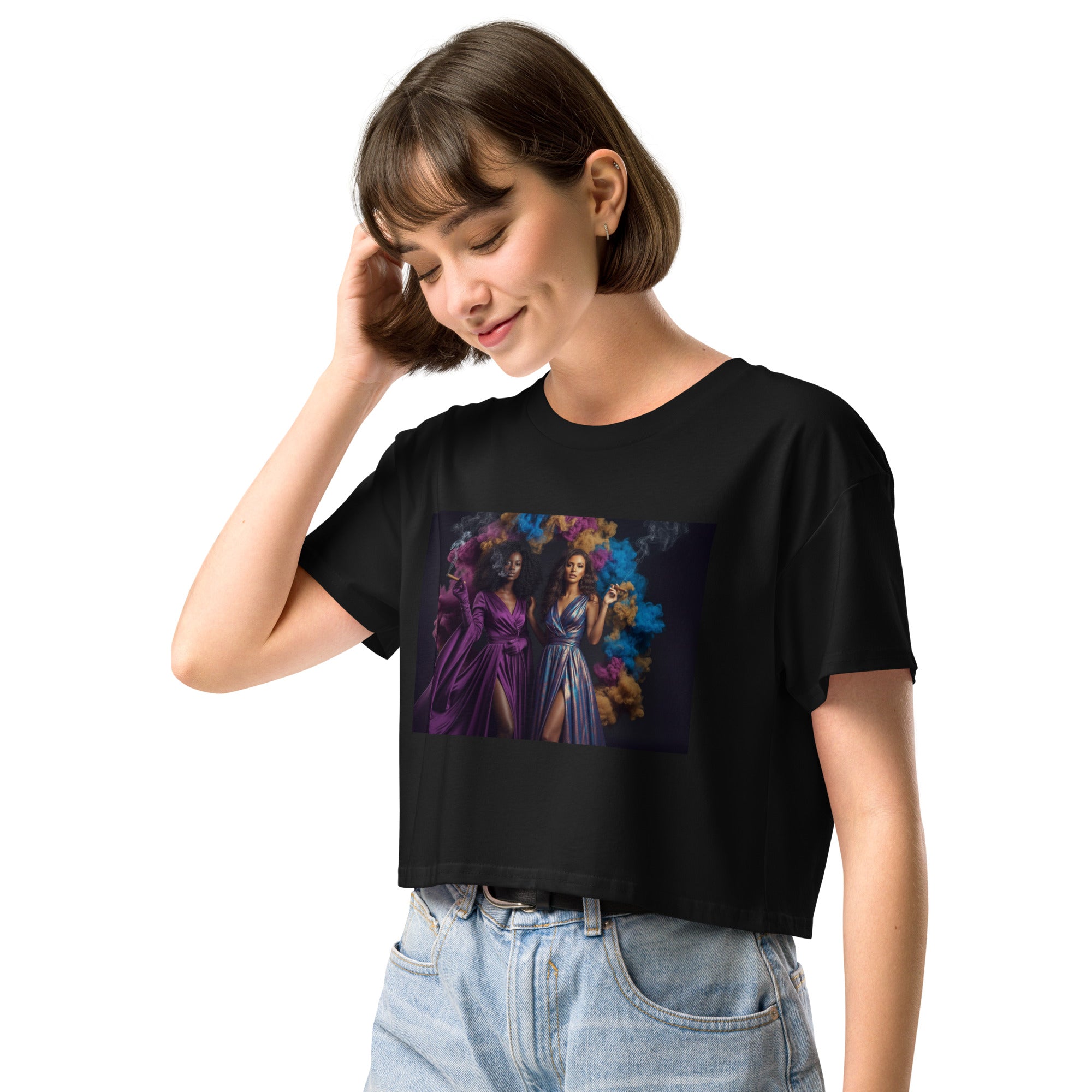 Lady G's with colorful rolling smoke and Twin Sunflowers on bk Women’s crop top - ThatBoutqiueStore