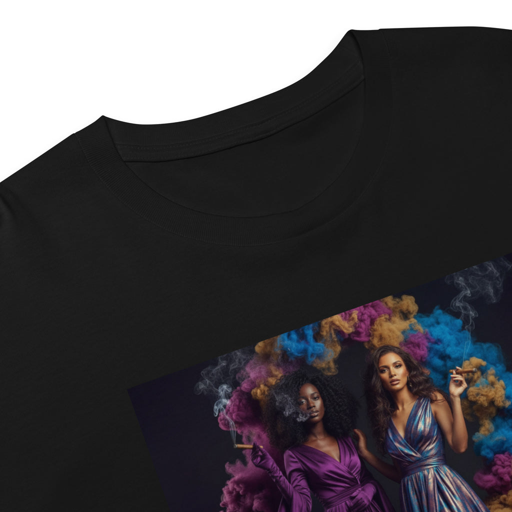 Lady G's with colorful rolling smoke and Twin Sunflowers on bk Women’s crop top - ThatBoutqiueStore